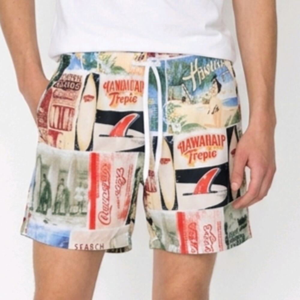 Vertical Sport Men’s Swim Trunks Retro Hawaii Collage Print Board Shorts